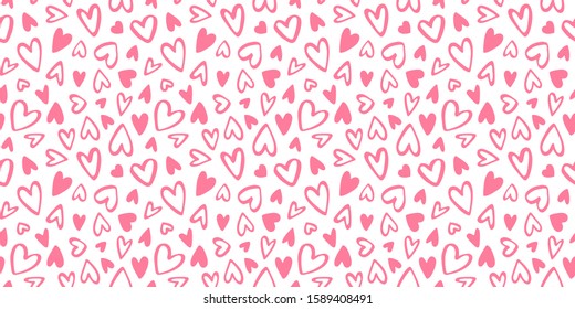 Cute hand drawn doodle style hearts seamless vector Valentine's Day background. Different heart shapes and silhouettes pattern, handwritten ornament. Banner, greeting card text rectangle template