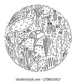 Cute hand drawn doodle style illustration. Ostrich , trees and cactus composition. Marker pen imitation. Vector template for cover, card, poster, print and other users