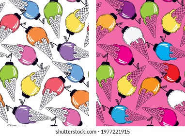 Cute hand drawn doodle summer pattern background with ice-cream. Fresh pattern art. T-shirt design label.