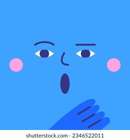Cute hand drawn doodle surprised face with arm holding heart side. Blue funny shocked, screaming mascot. Square cartoon style character for kids, children