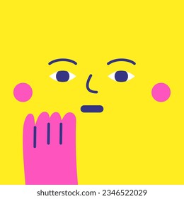 Cute hand drawn doodle surprised face with arm holding cheek. Yellow funny shocked mascot. Square cartoon style character for kids, children