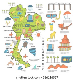 Cute hand drawn doodle Thailand map with objects including Buddha, temple, weather objects, tiger, elephant, waterfall, bridge, dragon, railway, monkey, tree. Thailand infographic with sightseeing