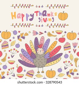 Cute hand drawn doodle Thanksgiving day card, postcard, background with turkey, pumpkin, berry, cake, flower, leaf, branches, apple, punch bowl, frame