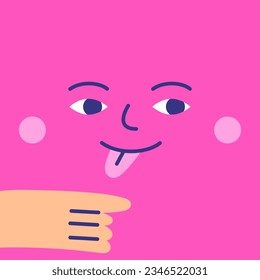 Cute hand drawn doodle tongue out face with arm showing right sight. Pink funny happy, smiley, naughty mascot. Square cartoon style character for kids, children