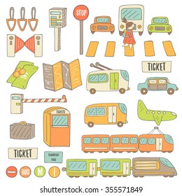 Cute hand drawn doodle transport objects collection including bus, trolley, tram, train, car, plane, ticket, handle, road sign, luggage,map, money, coin, ticket box, information box, road barrier. 