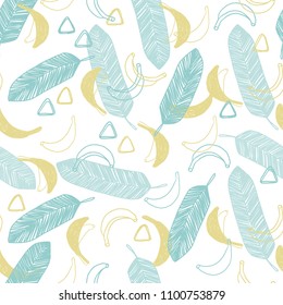 Cute hand drawn doodle vector seamless pattern in naive style. Tropical summer illustration with bananas and leaves for surface design and fabric.