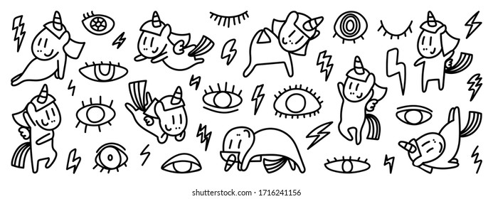 Cute hand drawn doodle vector set, Unicorn, eyes , Thunder, bolt, Kids and baby creative design vector collection.	
