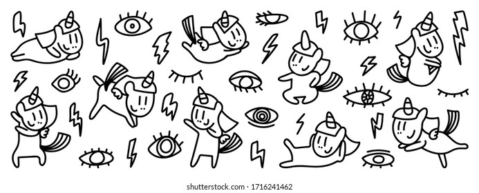 Cute hand drawn doodle vector set, Unicorn, eyes , Thunder, bolt, Kids and baby creative design vector collection.