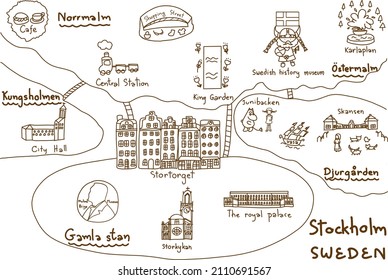 Cute hand drawn doodle vector; Stockholm Sweden travel map line with landmarks. Design for card, poster, souvenir, coloring book.