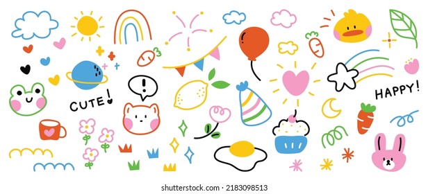 Cute hand drawn doodle vector set. Colorful collection of leaf, scribble, animal, flower, sun, rainbow, cloud, dessert. Adorable creative design element for decoration, ads, prints, branding. - Shutterstock ID 2183098513