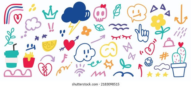 Cute hand drawn doodle vector set. Colorful collection of tree, fruit, scribble, arrow, flower, skull, fish, cloud, snack. Adorable creative design element for decoration, ads, prints, branding.