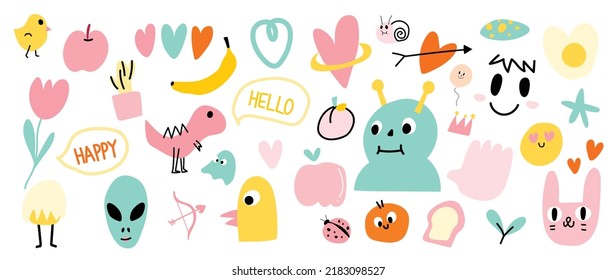 Cute hand drawn doodle vector set. Colorful collection of fruit, scribble, heart, flower, alien, dessert, food, chicken. Adorable creative design element for decoration, ads, prints, branding.