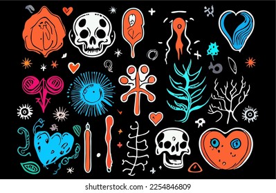Cute hand drawn doodle vector set. Colorful collection of leaf, fruit, scribble, heart, flower, love letter, cloud, dessert. Adorable creative design element for decoration, ads, prints, branding.