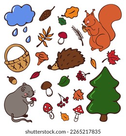 Cute hand drawn doodle vector set with animals and plants.