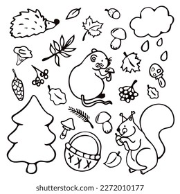 Cute hand drawn doodle vector set with animals and plants.