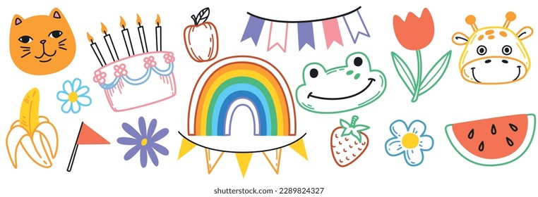 Cute hand drawn doodle vector set. Colorful collection of happy animal faces, fruits, scribble, flowers, rainbow and birthday elements. Design objects for decoration or prints.