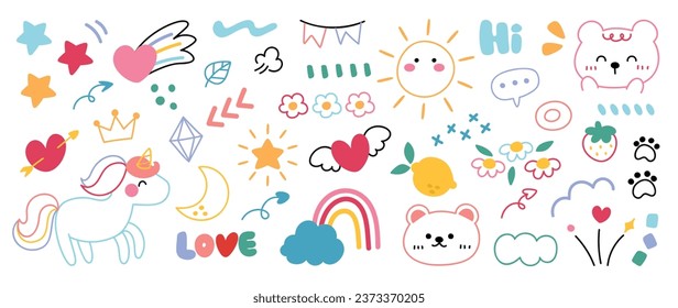 Cute hand drawn doodle vector set. Colorful collection of leaf, scribble, animal, flower, rainbow, cloud, unicorn, moon, sun. Adorable creative design element for decoration, ads, prints, branding.