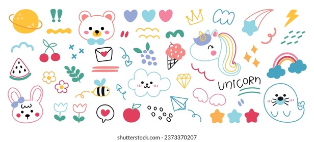 Cute hand drawn doodle vector set. Colorful collection of leaf, scribble, animal, flower, rainbow, cloud, ice cream, seal. Adorable creative design element for decoration, ads, prints, branding.