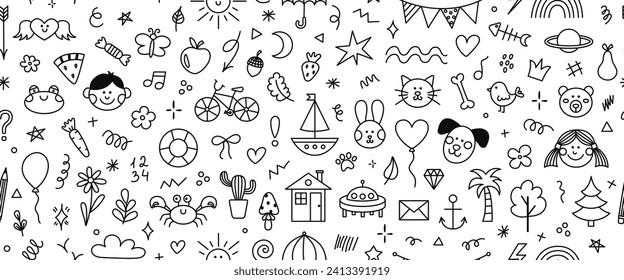 Cute hand drawn doodle vector seamless pattern of simple kids decorative elements. Collection of scribble, animal, flower, sun, cloud