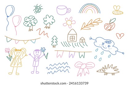 Cute hand drawn doodle vector set. Colorful collection of leaf, scribble, animal, flower, sun, rainbow, cloud, dessert. Adorable creative design element for decoration, ads, prints, branding.