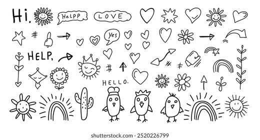 cute hand drawn doodle vector set, love, Natural , firework, cloud, weather, rainbow, snow, heart and creative design vector collection