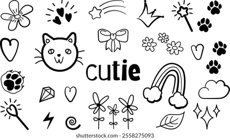 Cute hand drawn doodle vector set for decoration on white background, Kids and baby girly design element for prints, fabric , birth day cards, cover and web design, sticker 