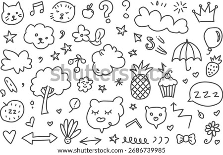 Cute Hand Drawn Doodle Vector Set — Animals, Fruits, Clouds, Trees, Cupcake, Umbrella, Fun Cartoon Line Art Illustration