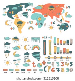 Cute Hand Drawn Doodle Weather Forecast Infographic With Cloud, Rain, Sun, Moon, Rainbow, Hurricane, Snow, Lightening, Temperature, Numbers, Graphics, World Map