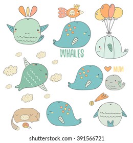 Cute hand drawn doodle whales collection including flying whale, whale with balloons, whale with cat, whale watching star, mum and baby whale, whale with bird. Funny characters, icons set