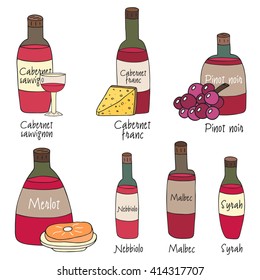 Cute hand drawn doodle wine bottles set.