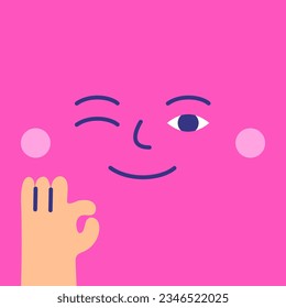 Cute hand drawn doodle wink face with arm showing ok sign. Pink funny happy, smiley, naughty mascot. Square cartoon style character for kids, children