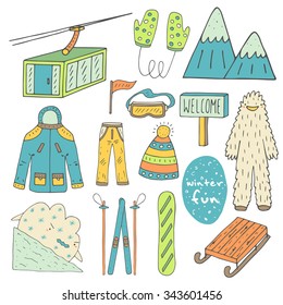 Cute hand drawn doodle winter sport objects collection including goggles, hat, snowboard, skies, sledges, mittens, avalanche, flag, welcome banner, mountain, skis, jacket, pants, cable car, yeti