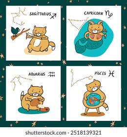 Cute hand drawn doodle zodiac signs set. Cartoon cat vector illustration.