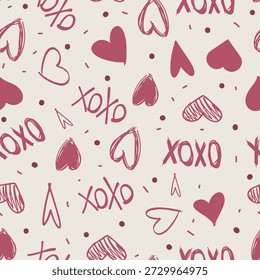Cute hand drawn doodled red hearts and xoxo lettering seamless pattern background. Heart pastel red romantic card with doodles of hearts and xoxo kisses. Repeating heart pattern. Vector Illustration.