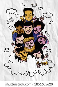Doodles dibujados a mano, personas caras esbozan una multitud de personas divertidas, cada uno en una capa separada.