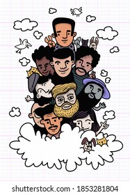 Doodles dibujados a mano, personas caras esbozan una multitud de personas divertidas, cada uno en una capa separada.