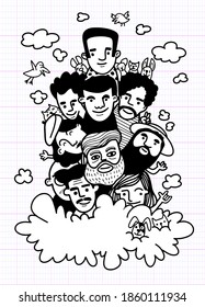 Cute hand drawn doodles ,Face people sketch Crowd of funny peoples ,Each on a separate layer. , illustration for coloring book