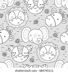 Cute hand drawn doodles funny African animals. Seamless pattern.