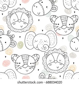 Cute hand drawn doodles funny African animals. Seamless pattern.