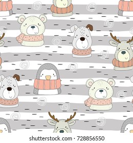 Cute hand drawn doodles funny animals. Seamless pattern.