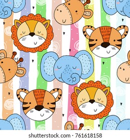 Cute hand drawn doodles funny African animals. Seamless pattern.