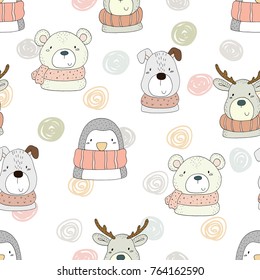 Cute hand drawn doodles funny animals. Seamless pattern.