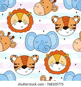 Cute hand drawn doodles funny African animals. Seamless pattern.