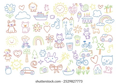 Lindos garabatos dibujados a mano mega set Elementos en Diseño gráfico plano. Colección objetos de flores, corazones, nubes, león, barco, sol, caracol, estrellas, palma, arco iris, gato, perro y otros. Ilustración vectorial.