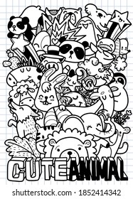 Cute hand drawn doodles ,Vector cartoon  set of cute doodle animals. Perfect for postcard, birthday, baby book, children room  ,Each on a separate layer. , illustration for coloring book