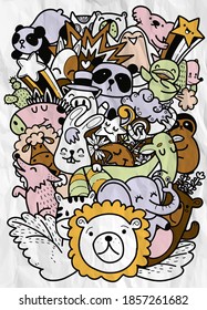 Cute hand drawn doodles ,Vector cartoon  set of cute doodle animals. Perfect for postcard, birthday, baby book, children room  ,Each on a separate layer.