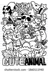 Cute hand drawn doodles ,Vector cartoon  set of cute doodle animals. Perfect for postcard, birthday, baby book, children room  ,Each on a separate layer. , illustration for coloring book