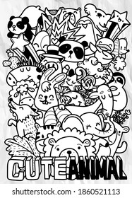 Cute hand drawn doodles ,Vector cartoon  set of cute doodle animals. Perfect for postcard, birthday, baby book, children room  ,Each on a separate layer. , illustration for coloring book