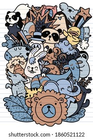 Cute hand drawn doodles ,Vector cartoon  set of cute doodle animals. Perfect for postcard, birthday, baby book, children room  ,Each on a separate layer.