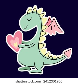 Cute hand drawn dragon falling in love. Vector illustration in cartoon style. Colorful sticker. Dino with heart.